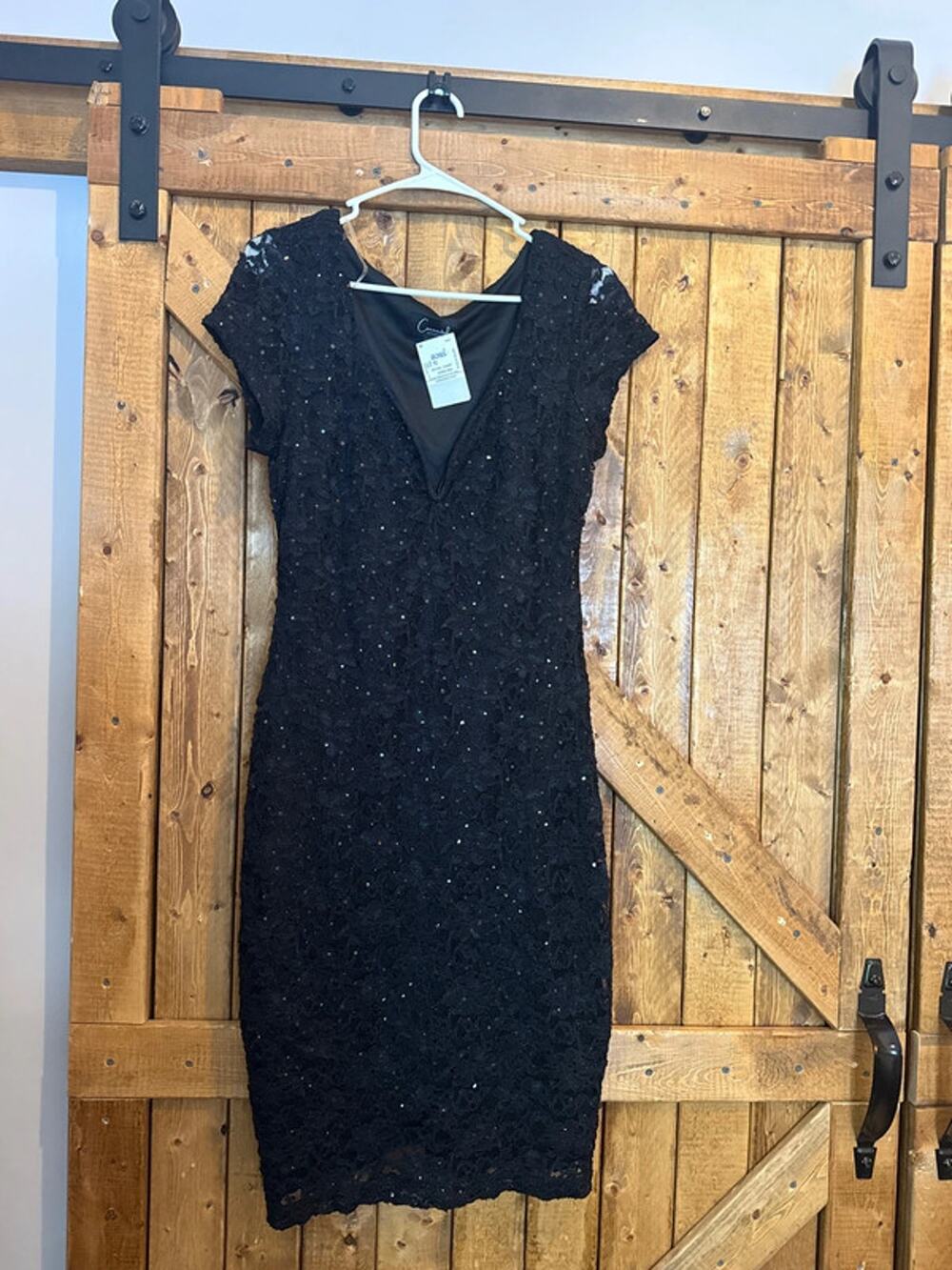 NWT connected apparel 10 sequins lace little black dress wired Deep V cut sexy!